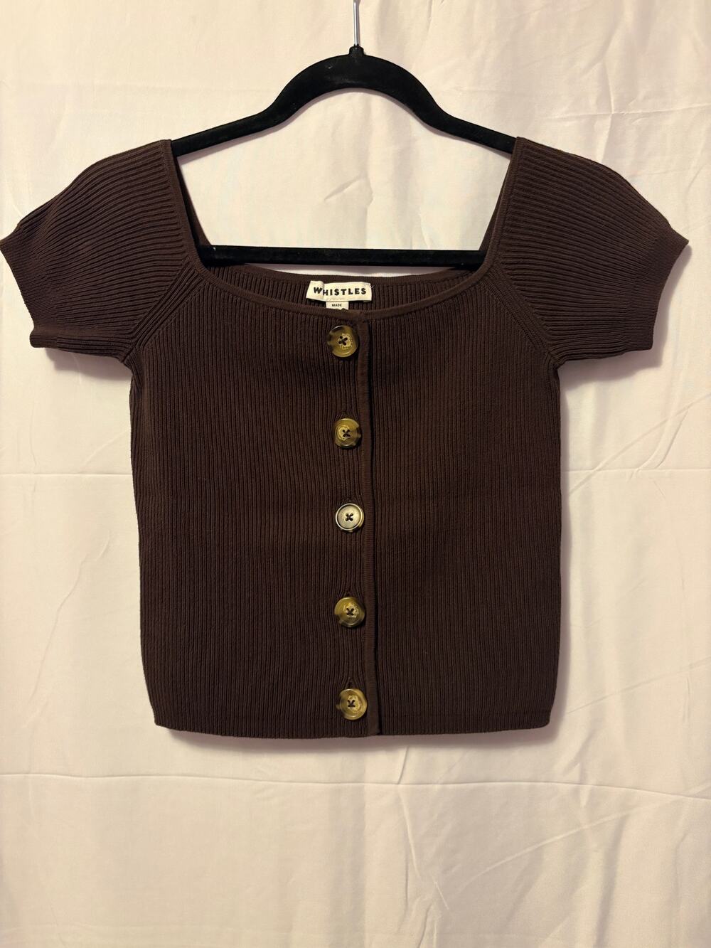 Whistles Rib-Knit Off The Shoulder Crop Top Brown Women's Sz XS